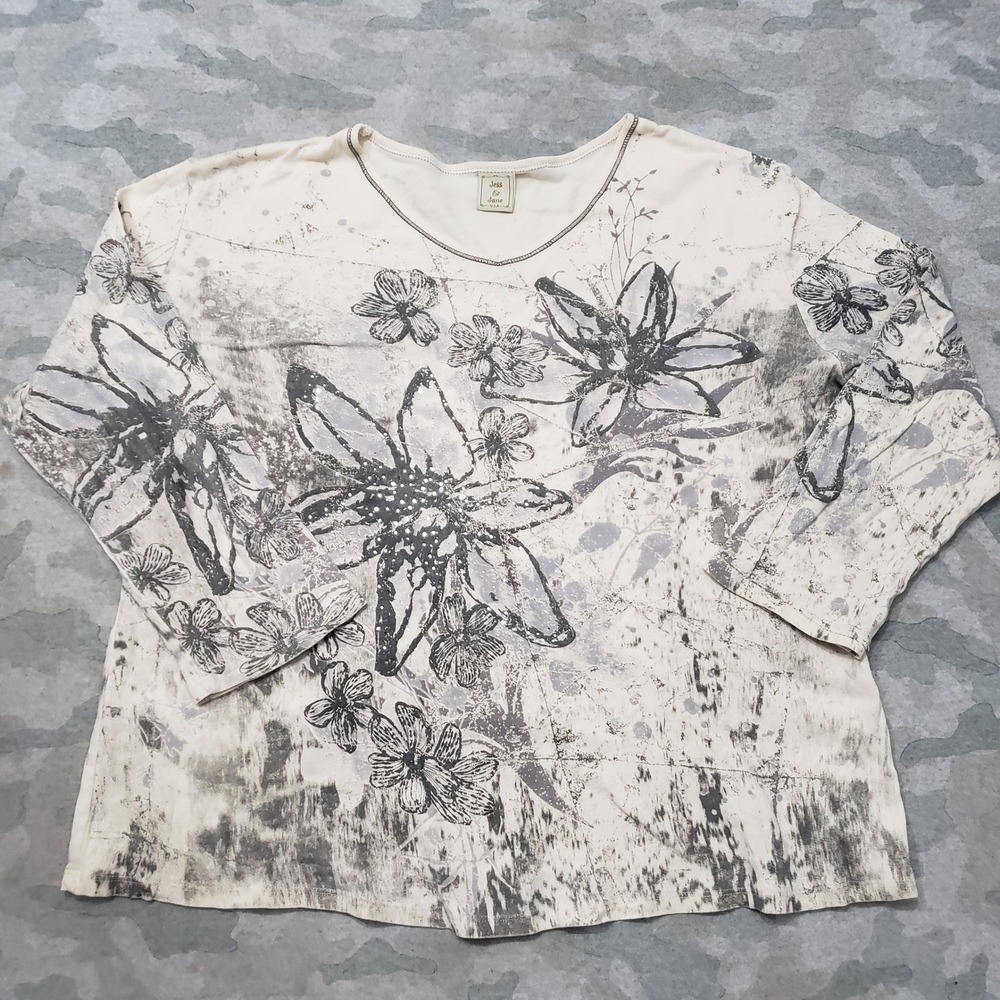 Jess & Jane Top Womens XL Beige Floral Rhinestone V-Neck 3/4 Sleeve - Picture 2 of 8